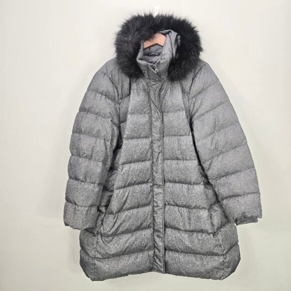 Lands' End Down Quilted Puffer Coat Jacket 3X Heathered Gray Hood Faux Fur - Picture 1 of 15